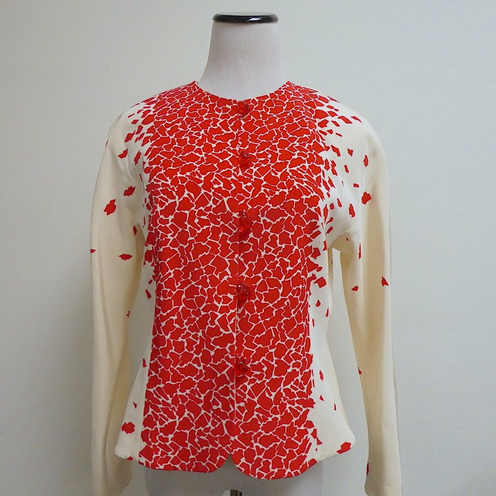 DAVID HAYES cream red VINTAGE silk JACKET M L designer